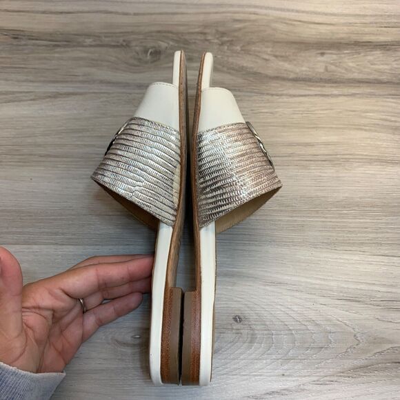 Joan Oloff Womens 7M Leather Slip On Slide Sandals White Silver Ring Accent - Picture 3 of 11